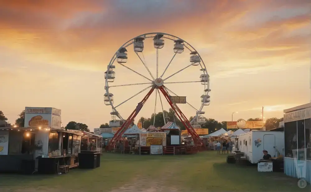 A Ferris wheel and food stalls at a fair under a sunset sky.