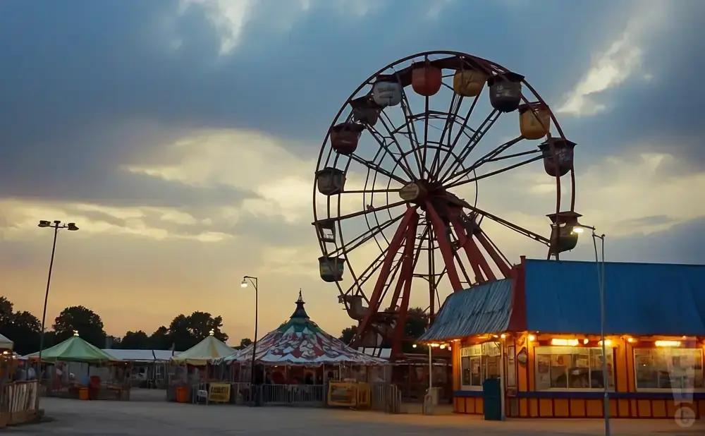 An amusement park with a Ferris wheel, circus tents, and food stands under a cloudy twilight sky.