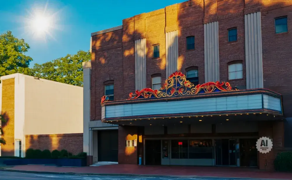 An old brick theater with a marquee on a sunny day, with trees and a bright sun in the sky.