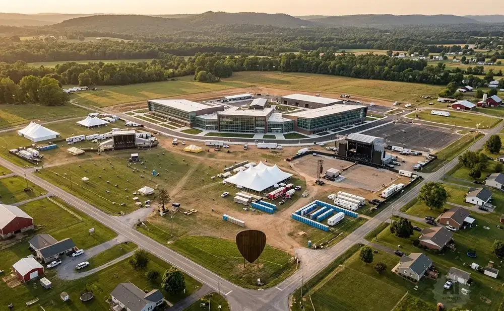 Aerial view of a large outdoor event with tents, a stage, and a modern building in the background.