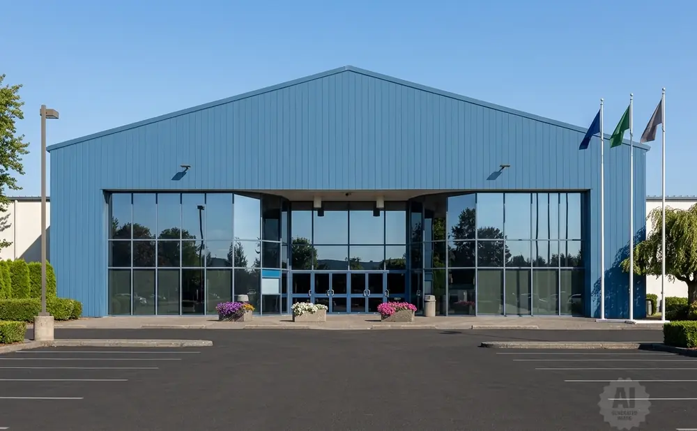 Blue building with large glass windows, parking lot, and three flags on the right.