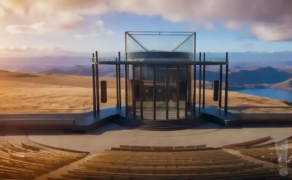 Modern amphitheater with a glass tower in a scenic mountain landscape.