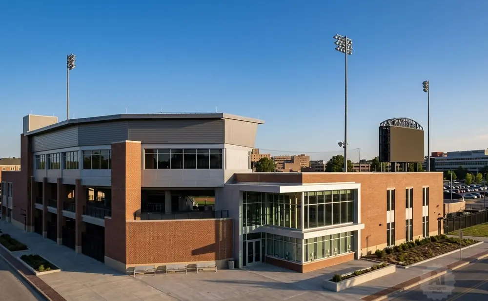 Modern brick and glass building with stadium lights and a scoreboard under a clear blue sky.