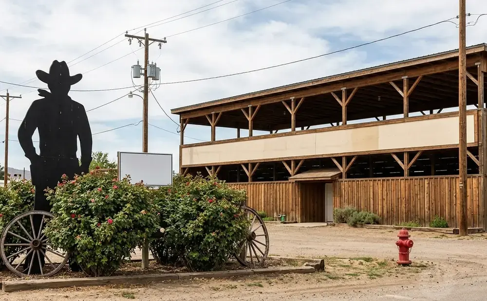 Silhouette of a cowboy in front of a wooden building and a red fire hydrant.