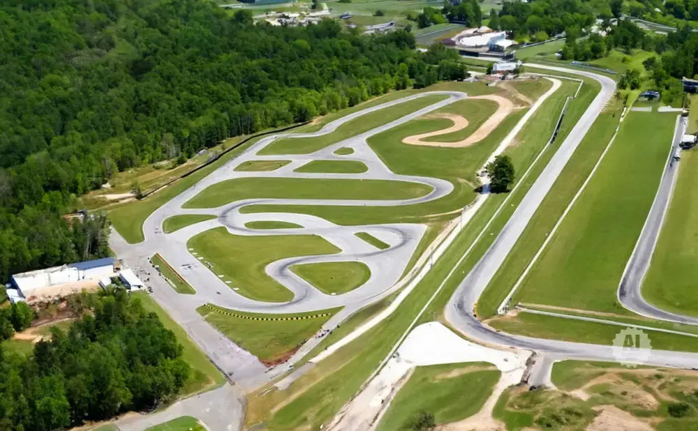 Aerial view of a winding race track surrounded by green trees and grass.