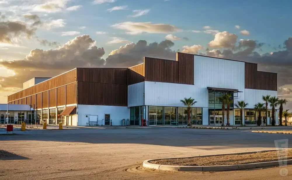 Modern warehouse with wood and white siding, large windows, and palm trees under a cloudy sky.