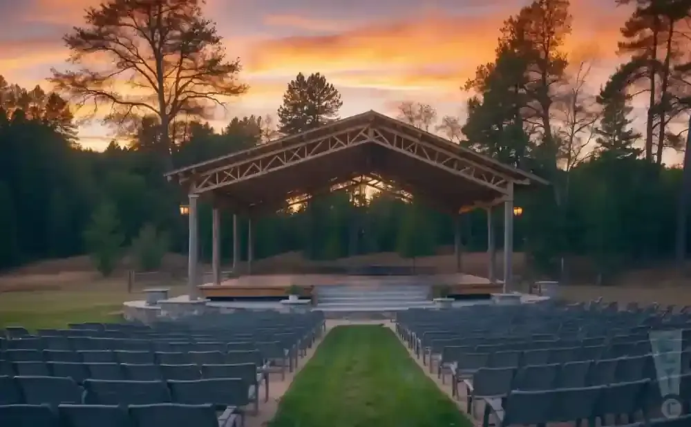 Outdoor amphitheater with rows of seats facing a wooden stage under a covered pavilion, with trees and a colorful sunset sky in the background.