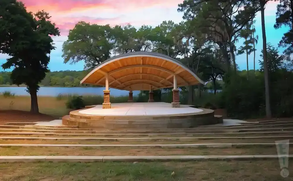 An outdoor amphitheater with a curved, wooden-roofed stage overlooks a lake at sunset.