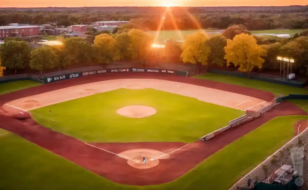 An aerial view of a baseball field at sunset, with players on the field.