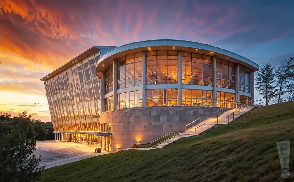 Modern glass building with a curved facade and lit interior, at sunset with colorful sky.