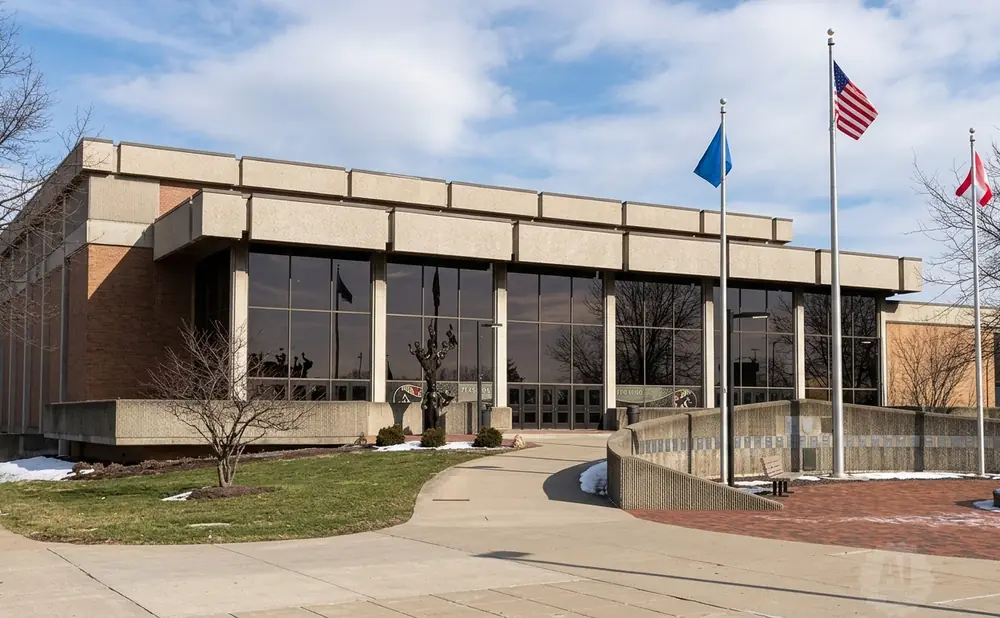 Modern brick and glass building with American, state, and blue flags in front.
