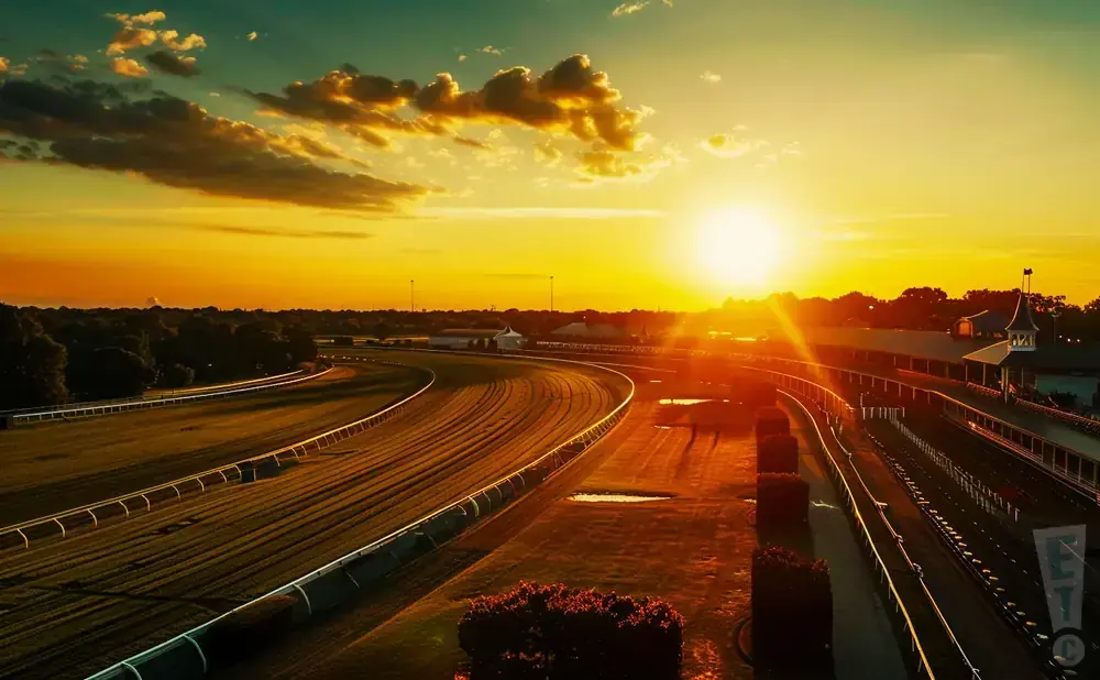 Golden sunset over a horse racing track, casting long shadows.
