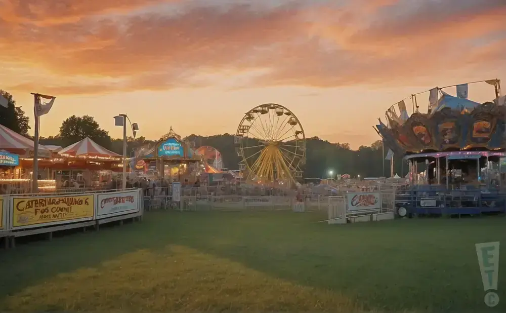 Amusement park rides, including a Ferris wheel and carousel, are set up on a grassy field under a colorful sunset sky.