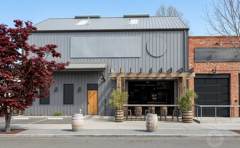 Exterior of a modern building with a red brick section, featuring a wooden pergola and outdoor seating.