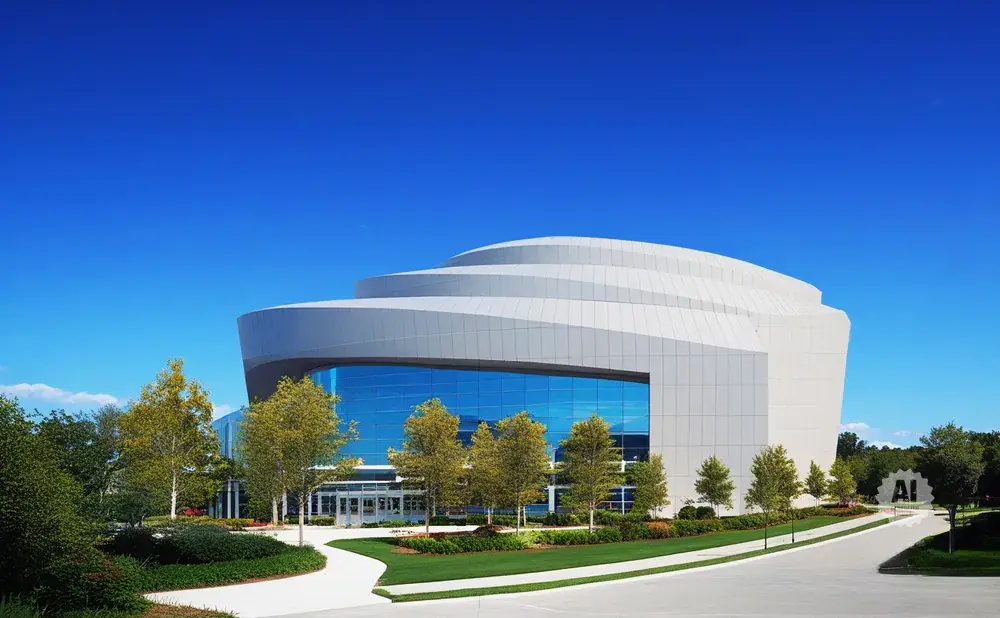 Modern building with wavy roof and large blue glass windows, surrounded by trees and green lawns.