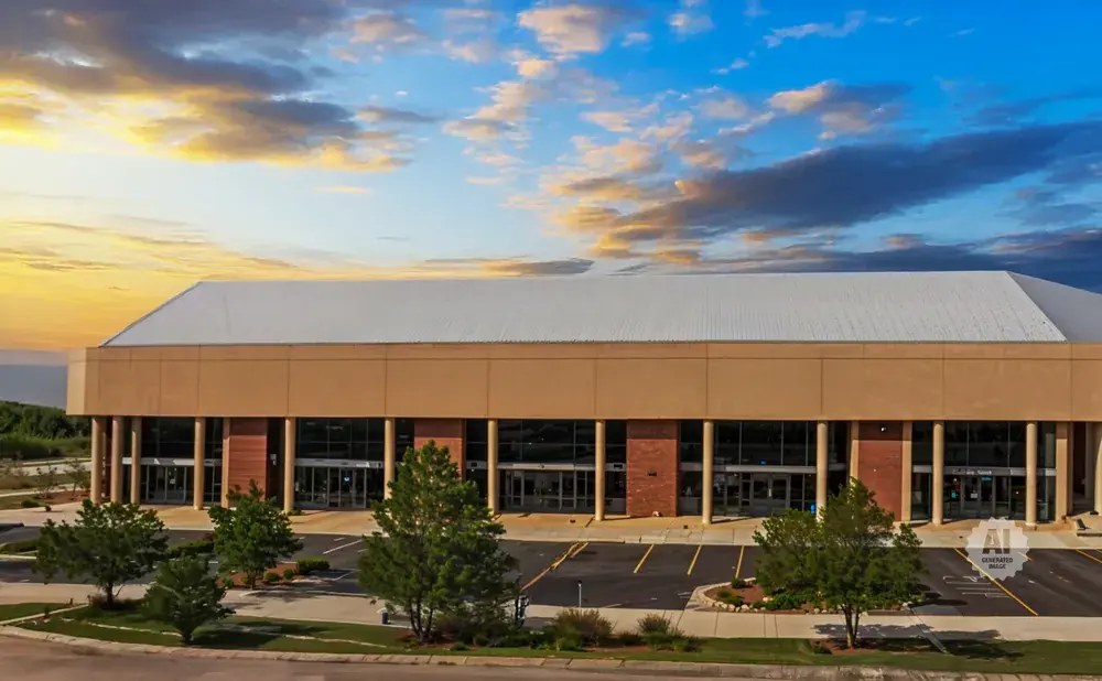 Aerial view of a large tan building with a silver roof, glass windows, and trees in the foreground, under a cloudy sunset sky.
