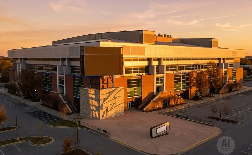 An arena with a large screen stands at sunset, with a parking lot and trees.