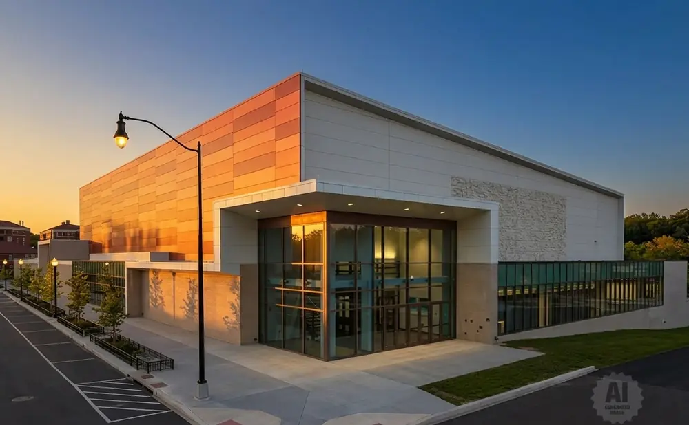Modern building with orange facade and glass entrance at sunset.