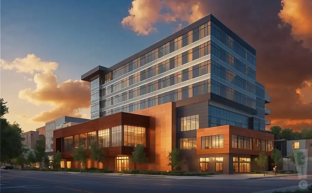 Modern hotel with glass facade and wood accents at sunset.