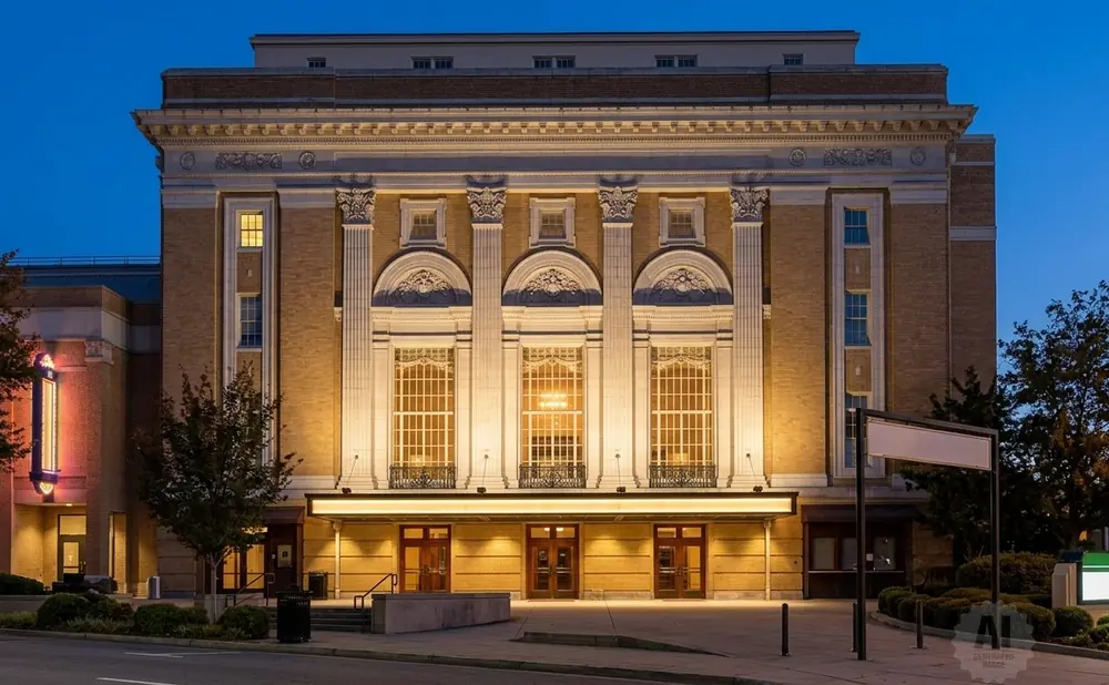 A grand brick theater at dusk, lit from within and by external lighting, with trees and signage outside.
