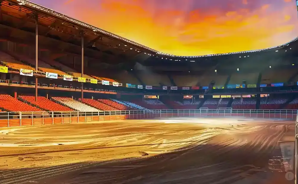 Empty rodeo arena with stadium seating under a dramatic sunset sky.