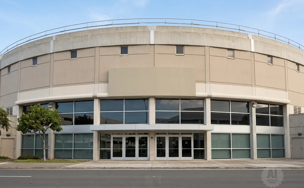A circular, tan building with a concrete rim and large windows.