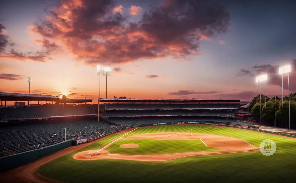 Baseball stadium at sunset with illuminated field and colorful clouds.