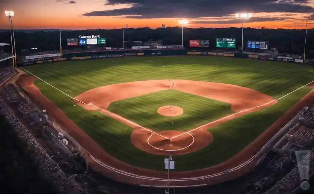 An aerial view of a baseball stadium at sunset, with lights illuminating the field and a scoreboard in the background.