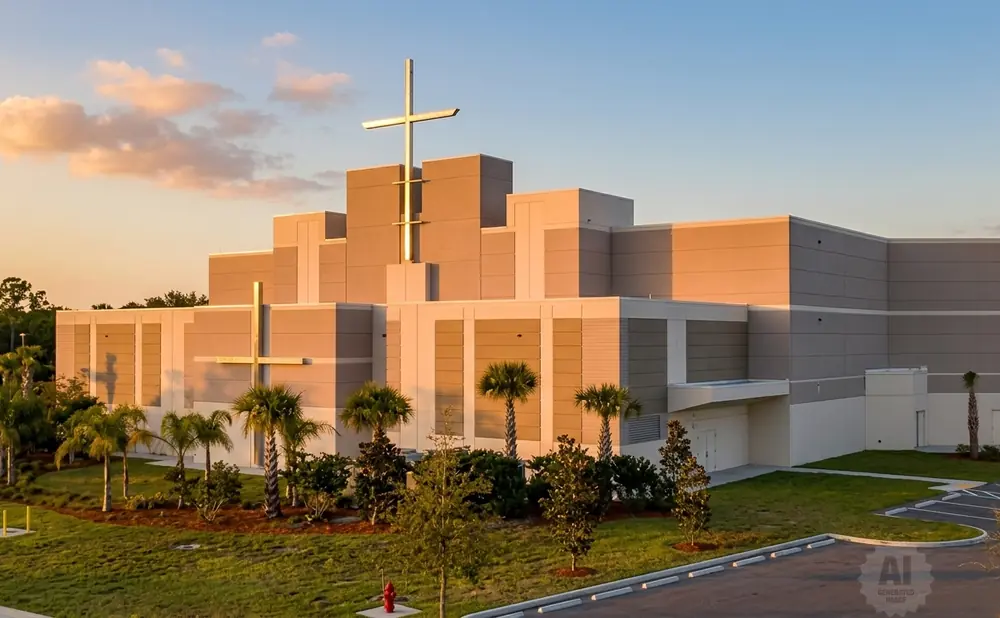 Modern church with large cross, palm trees, and golden hour lighting.