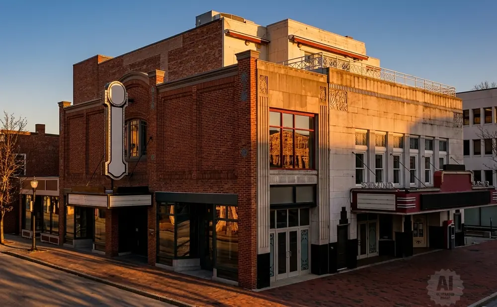 A historic theater with a marquee and large vertical sign sits on a brick street under a clear sky.