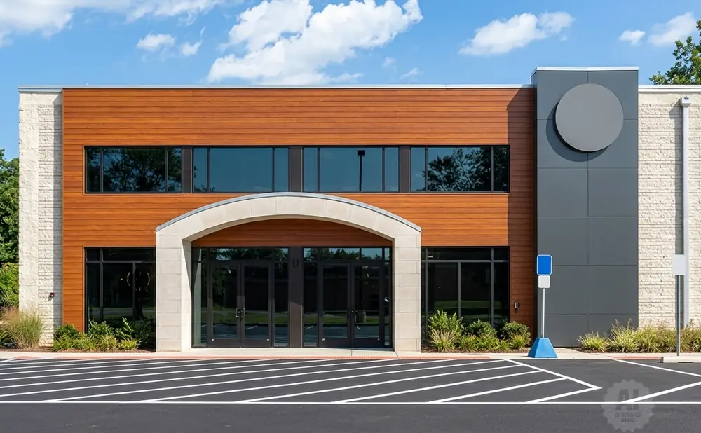 A modern building with wood siding, stone accents, and large windows, set against a blue sky with clouds.