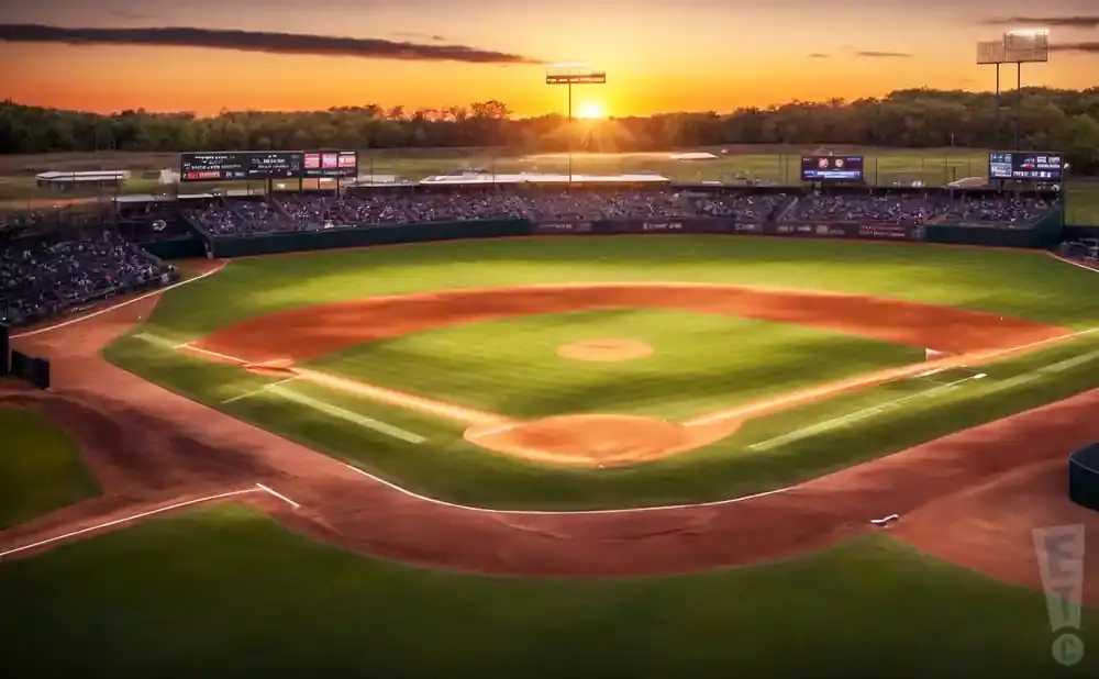 A baseball stadium at sunset with a crowd in the stands.