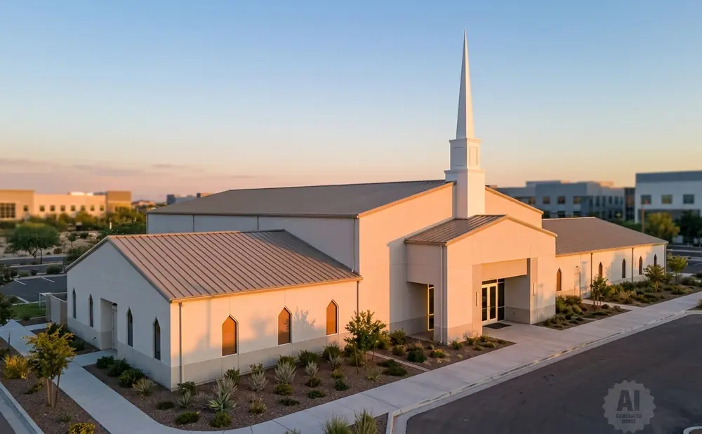 An aerial view of a modern church with a white steeple at sunset.