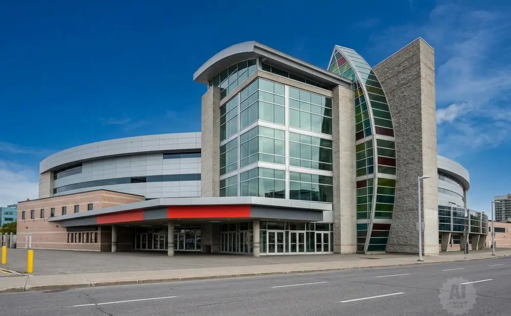 Modern building with a curved silver roof, large glass windows, and stained glass accents under a blue sky.