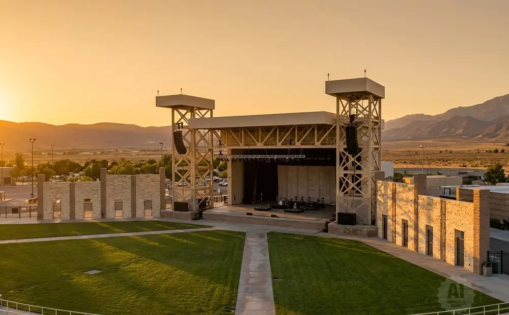 An outdoor amphitheater stage at sunset with mountains in the background.