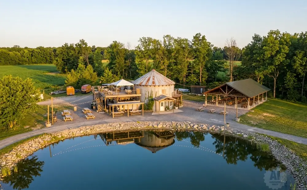 Aerial view of a rustic venue with a silo building, covered pavilion, and pond, surrounded by trees and fields.