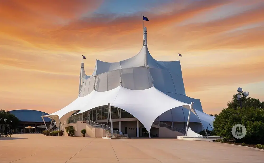 A white tent-like building with flags under an orange sunset sky.