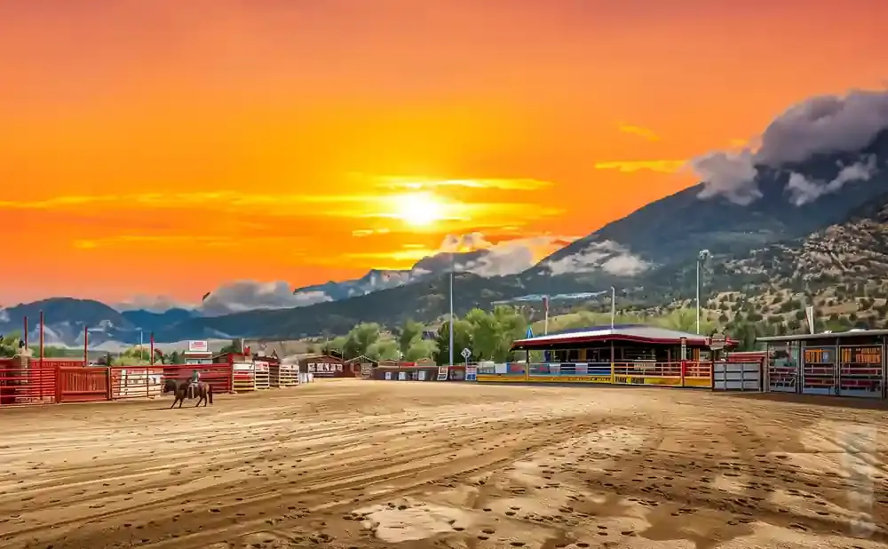 A cowboy rides a horse in a rodeo arena with a mountain backdrop at sunset.