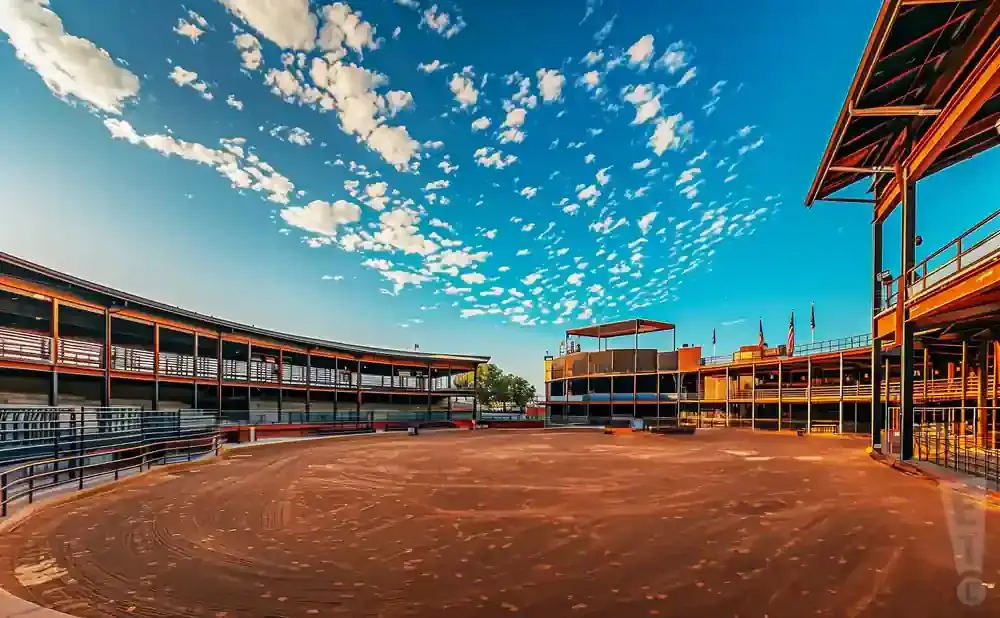 An empty outdoor arena with tiered seating under a bright blue sky with scattered clouds.