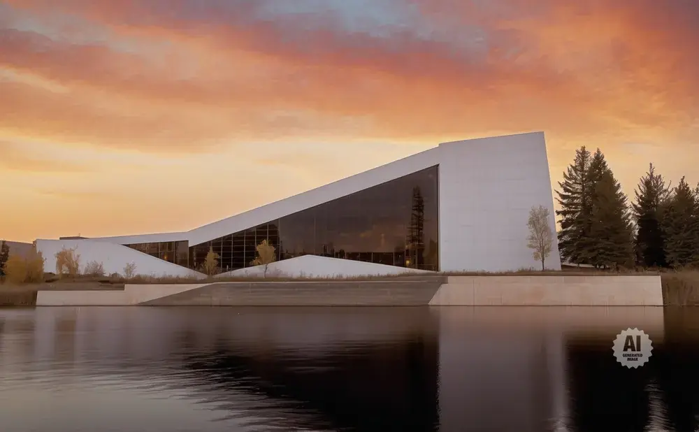 Modern white building with a large glass facade, reflected in a dark body of water at sunset.