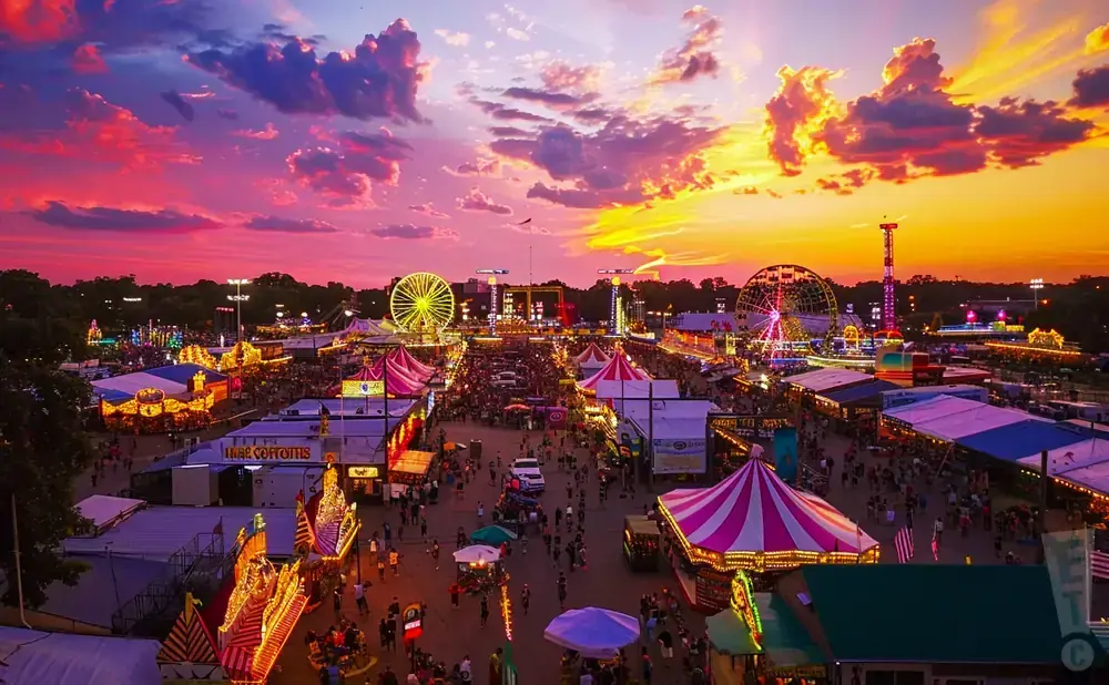 A vibrant fairground at sunset with Ferris wheels, tents, and crowds under a dramatic pink and orange sky.