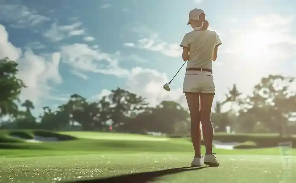 Golfer in white outfit on a sunny golf course, preparing to swing.