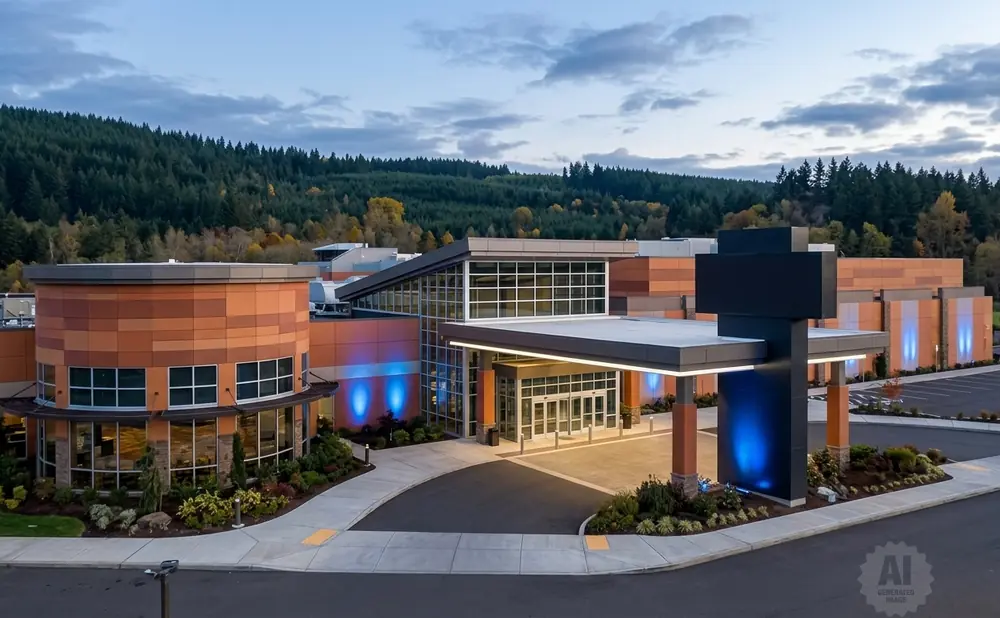 Modern building with orange panels, glass entrance, and blue lights, set against a forested hillside.