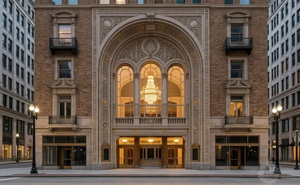 Ornate building facade with arched windows, a chandelier, and decorative stonework.