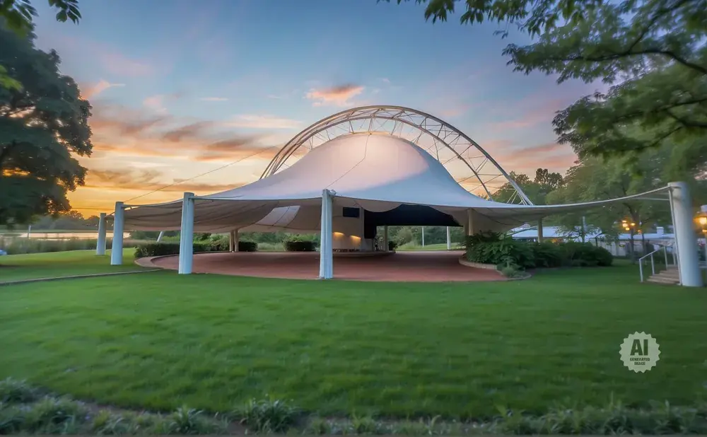 An outdoor amphitheater with a white tent canopy under a colorful sunset sky.
