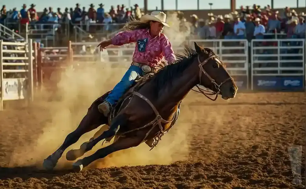 A female barrel racer in a pink shirt and jeans turns a horse during a rodeo.