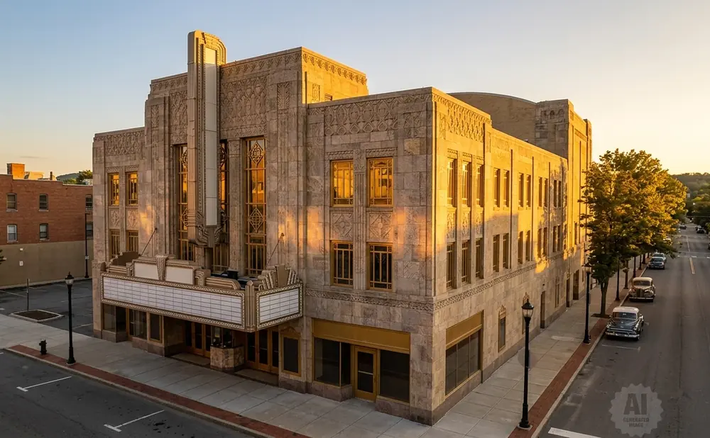Art Deco theater with marquee and vintage cars on a street at sunset.