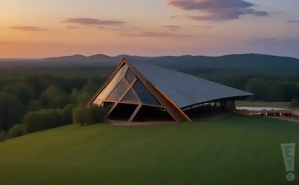 A unique pyramid-shaped building with large windows sits on a grassy hill at sunset.