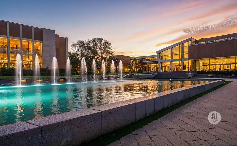 Modern buildings with glowing windows surround a bright turquoise fountain at sunset.