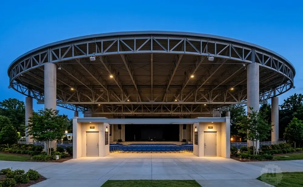 An outdoor amphitheater with a circular, metal roof supported by large concrete pillars. Blue seats are visible on the ground.